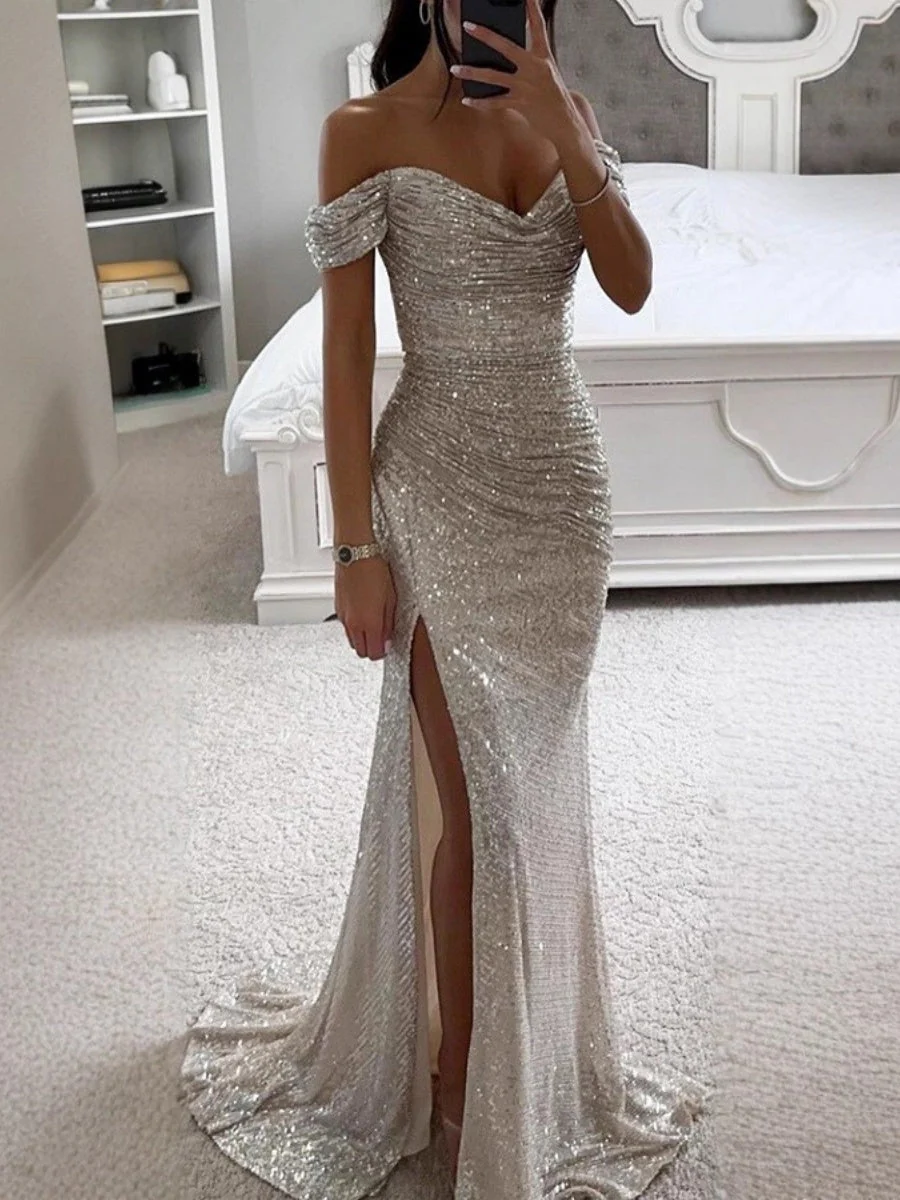 Sequins One-shoulder Collar Slit Pleated Maxi Dresses - Image 5