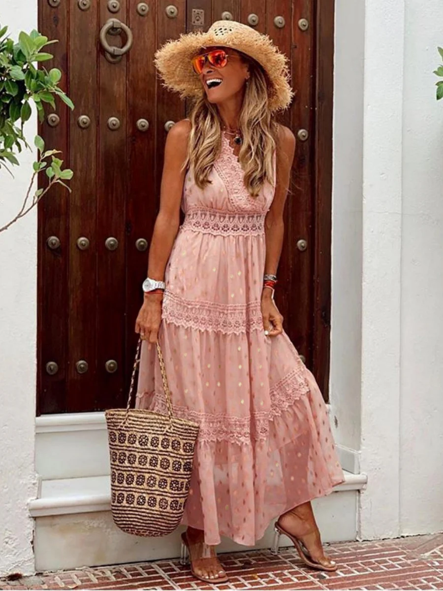 Deep V Sleeveless Lace-trimmed Chiffon Long Dress - Image 2