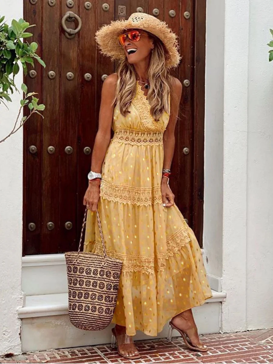 Deep V Sleeveless Lace-trimmed Chiffon Long Dress - Image 3