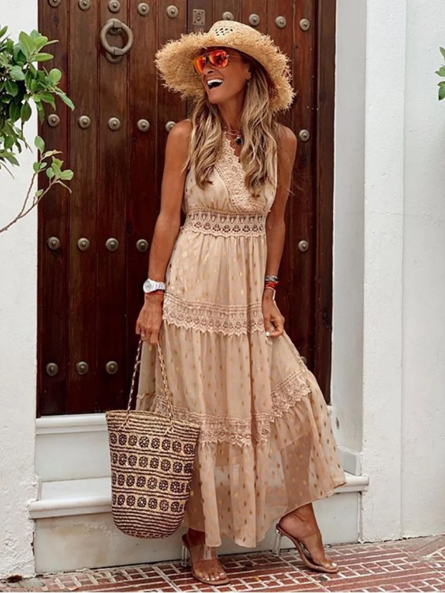 Deep V Sleeveless Lace-trimmed Chiffon Long Dress - Image 5