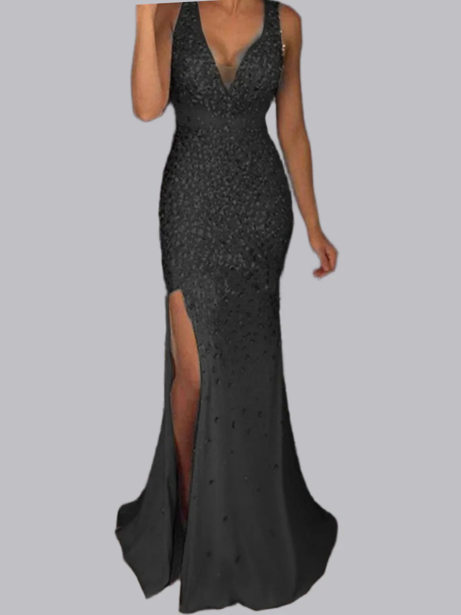 V-neck Slit Sprinkled Gold Formal Dress Maxi Dresses - Image 3
