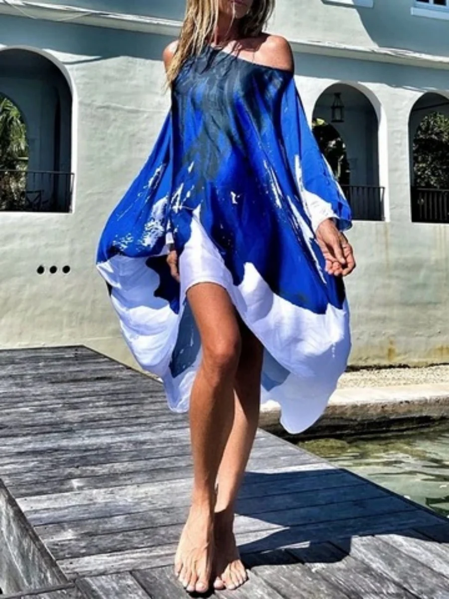 Printed Beach Vacation Style Off-shoulder Maxi Dress - Image 2