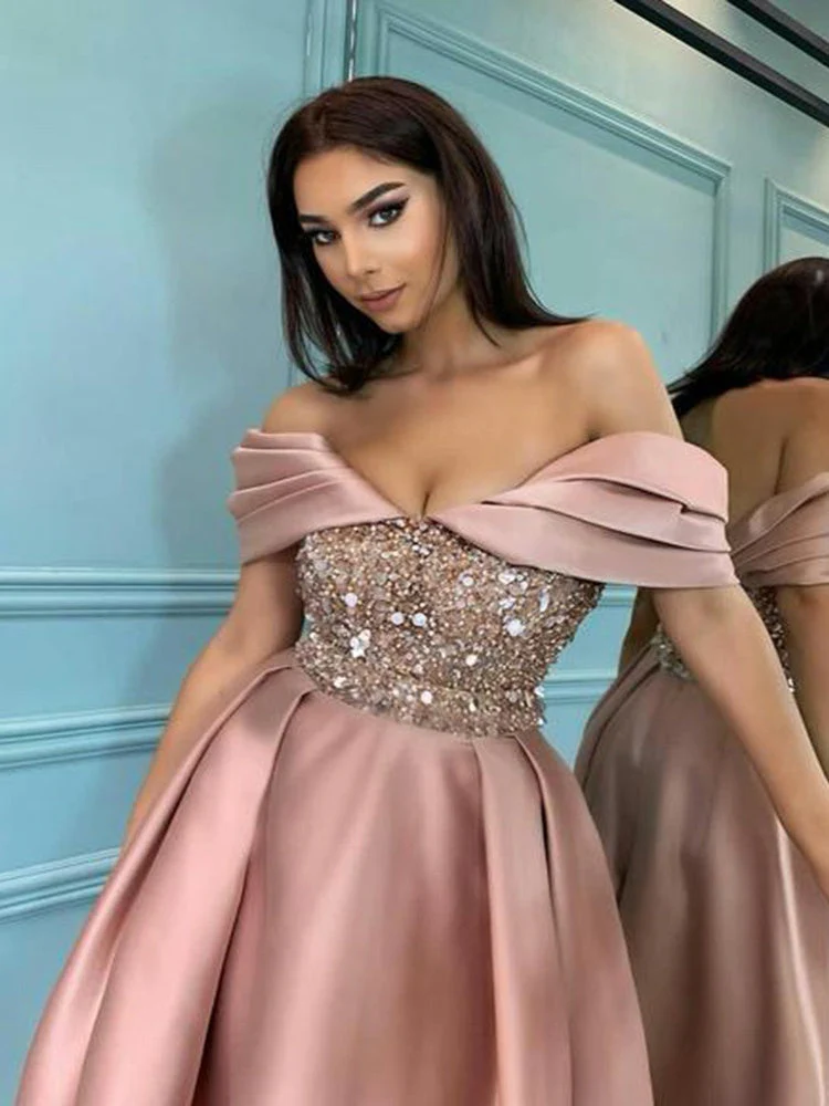 Pink Sequined Off-shoulder Satin Patchwork Midi Dresses - Image 2