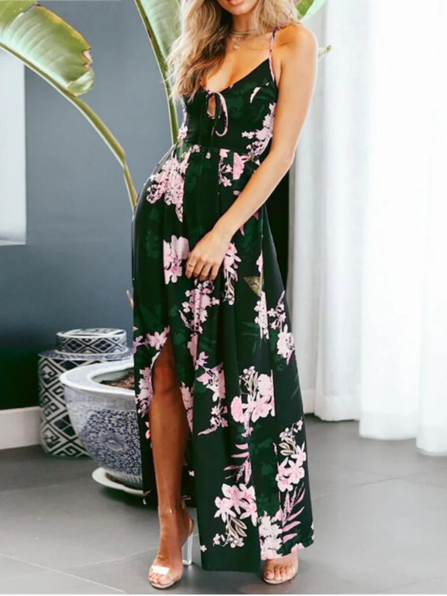 High-slit V-neck Floral Print Suspender Maxi Dress - Image 2