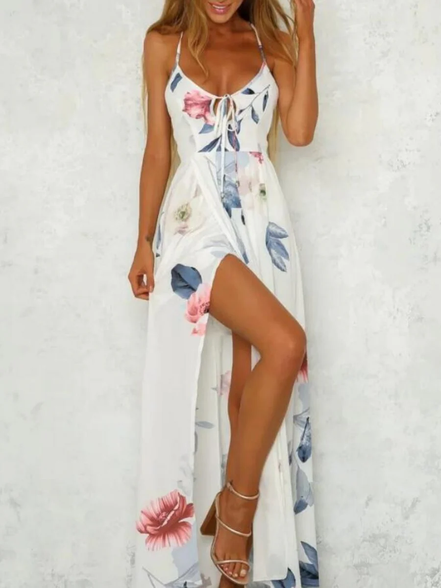 High-slit V-neck Floral Print Suspender Maxi Dress - Image 3