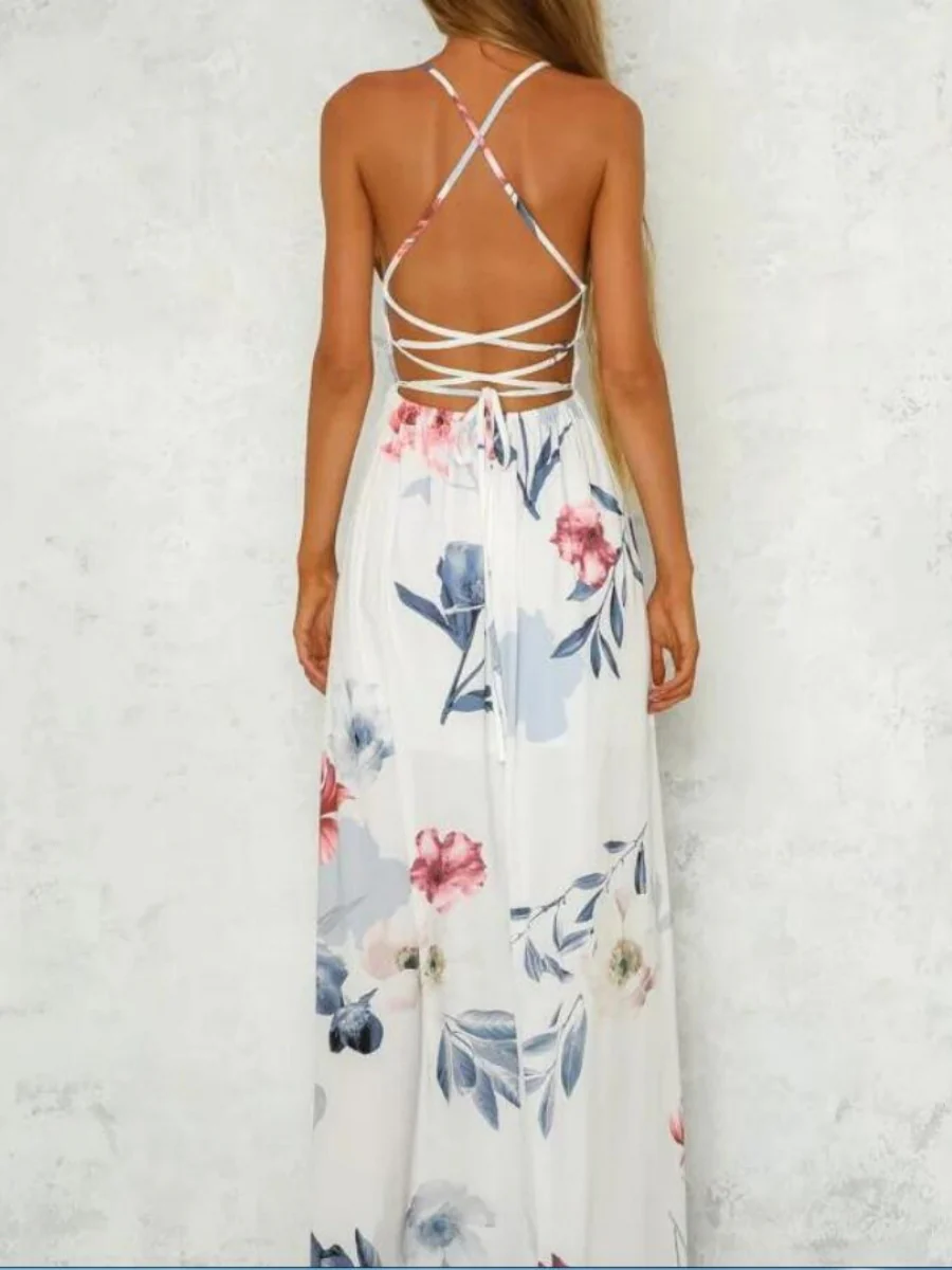 High-slit V-neck Floral Print Suspender Maxi Dress - Image 4