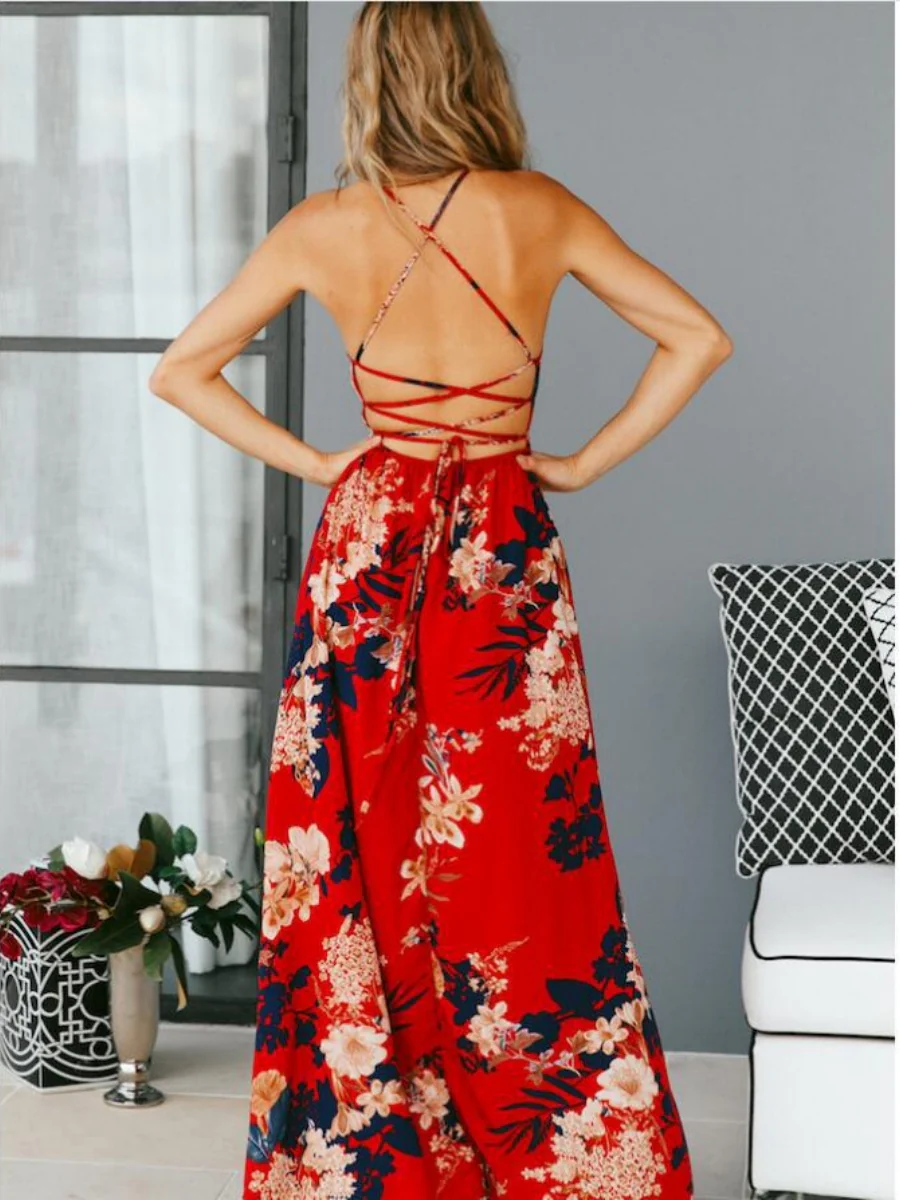High-slit V-neck Floral Print Suspender Maxi Dress - Image 9