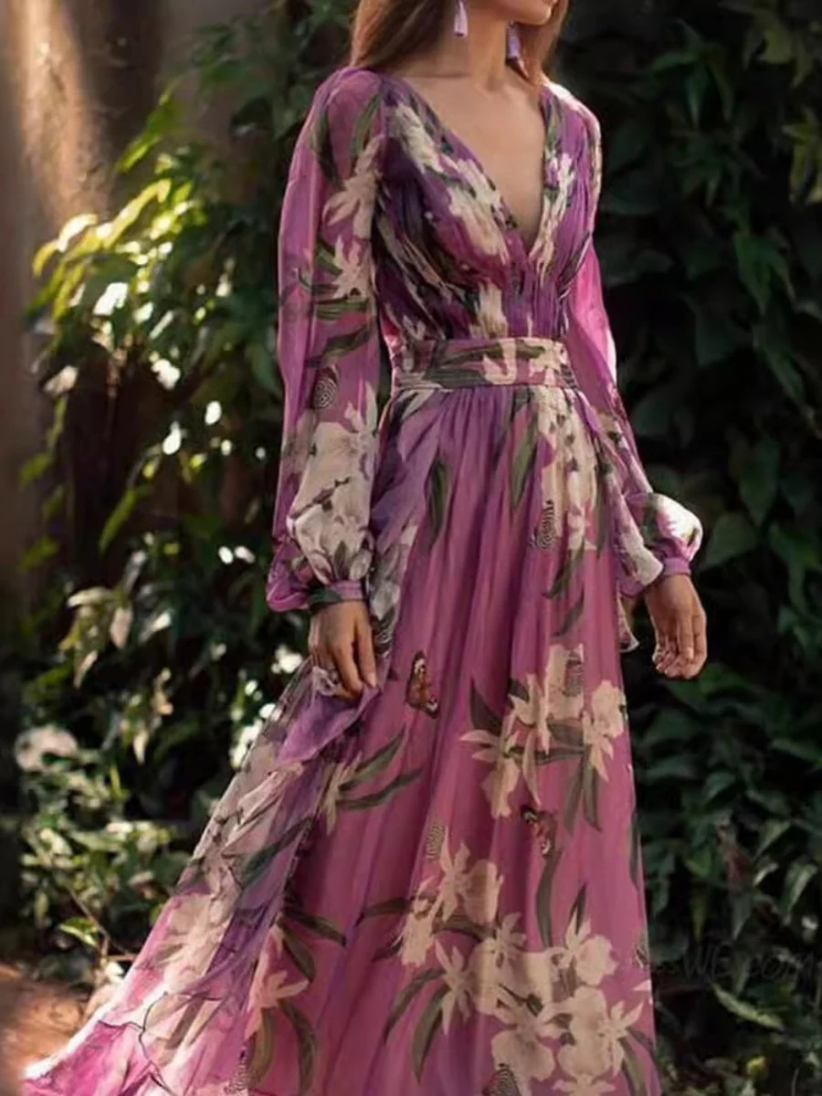 Floral Print V-neck Maxi Dresses - Image 2