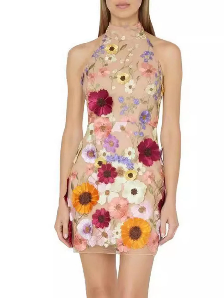Embroidered 3D Floral Halter Neck Slimming Mini&Short Dresses - Image 3