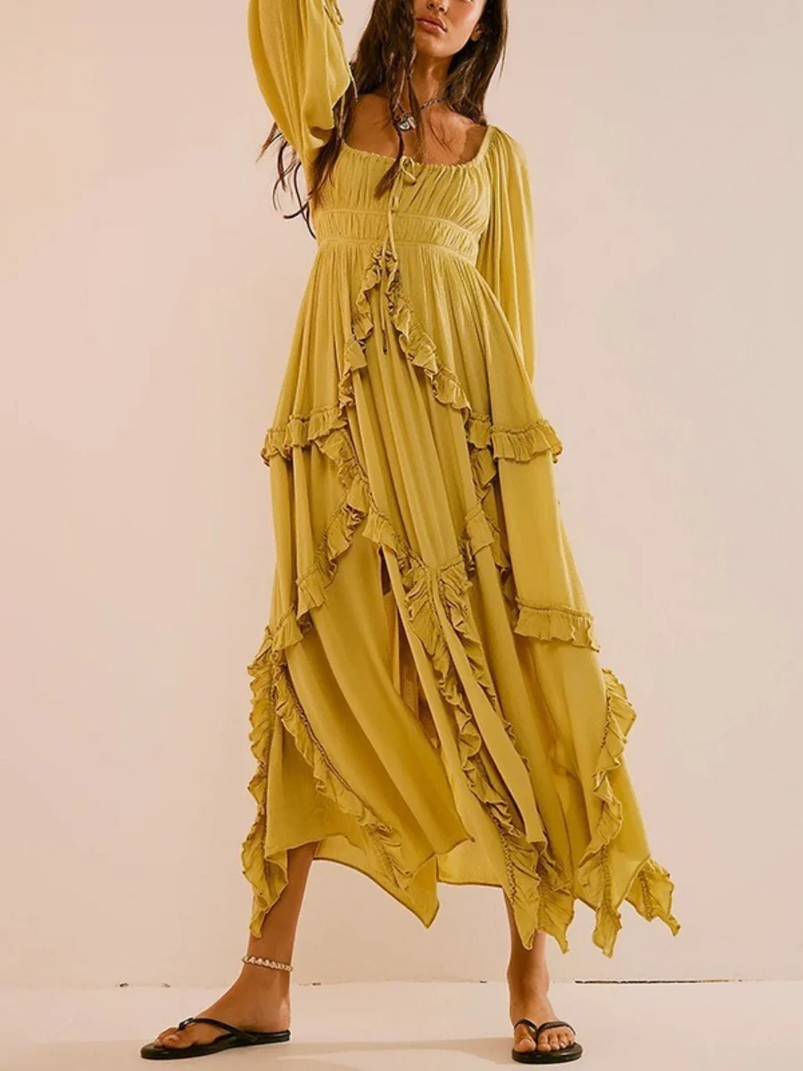 Deep V-neck Lace Openwork Beach Maxi Dresses