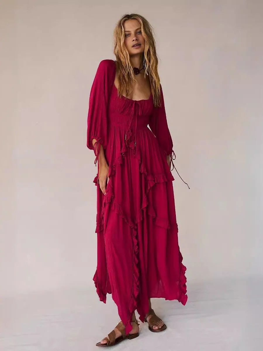 Deep V-neck Lace Openwork Beach Maxi Dresses - Image 2