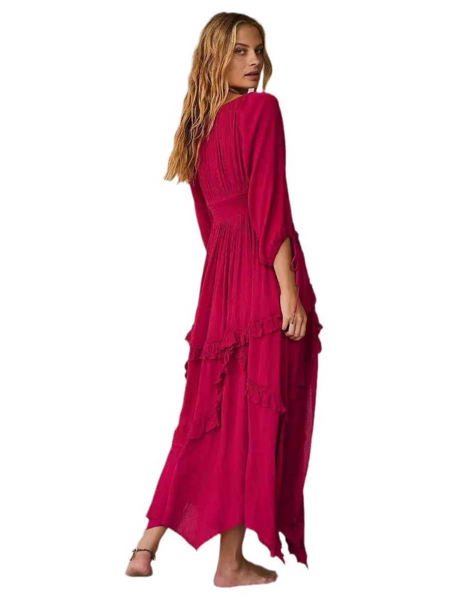 Deep V-neck Lace Openwork Beach Maxi Dresses - Image 3