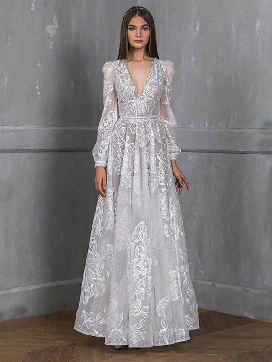 Lace Embroidery V-neck Maxi Dresses - Image 2