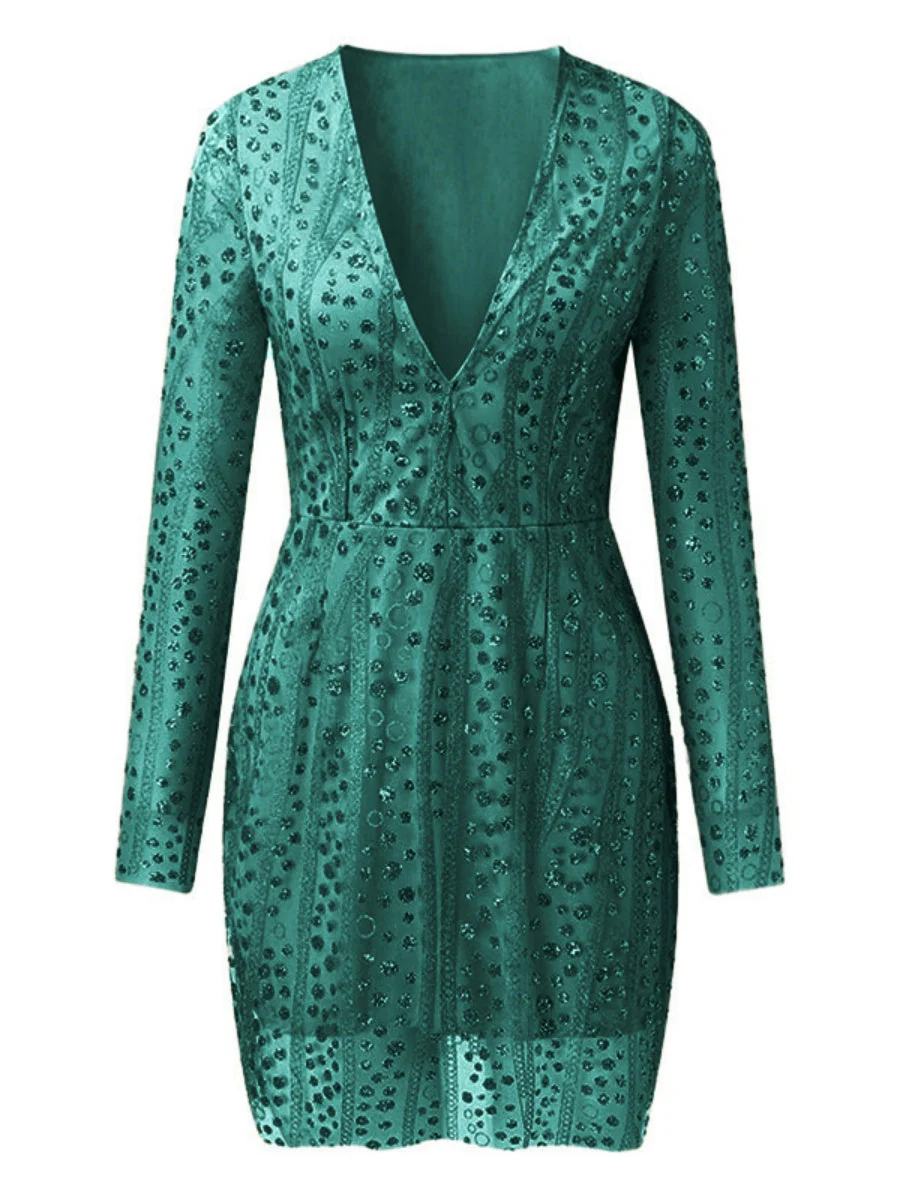 Deep V Long Sleeve Polka Dot Sequins Mini&Short Dresses - Image 10