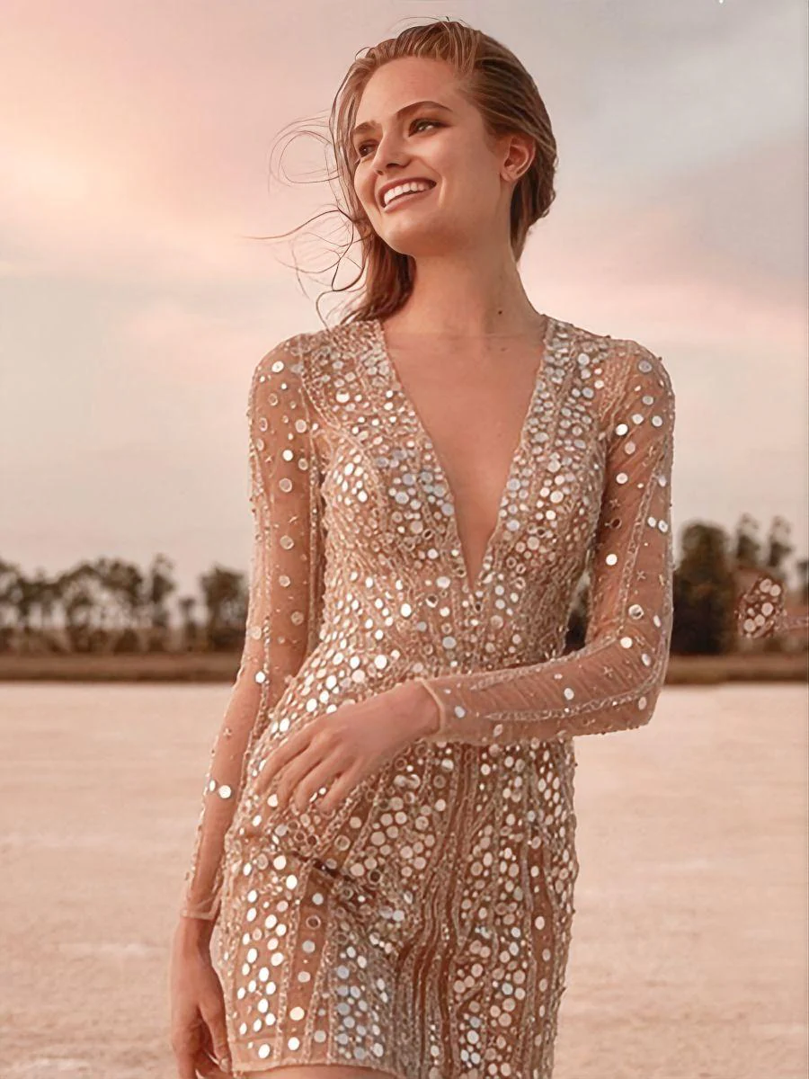 Deep V Long Sleeve Polka Dot Sequins Mini&Short Dresses - Image 3