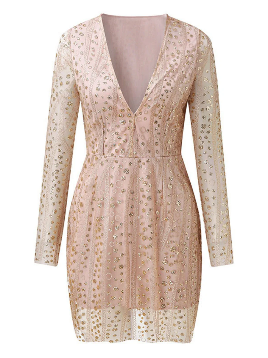 Deep V Long Sleeve Polka Dot Sequins Mini&Short Dresses - Image 4