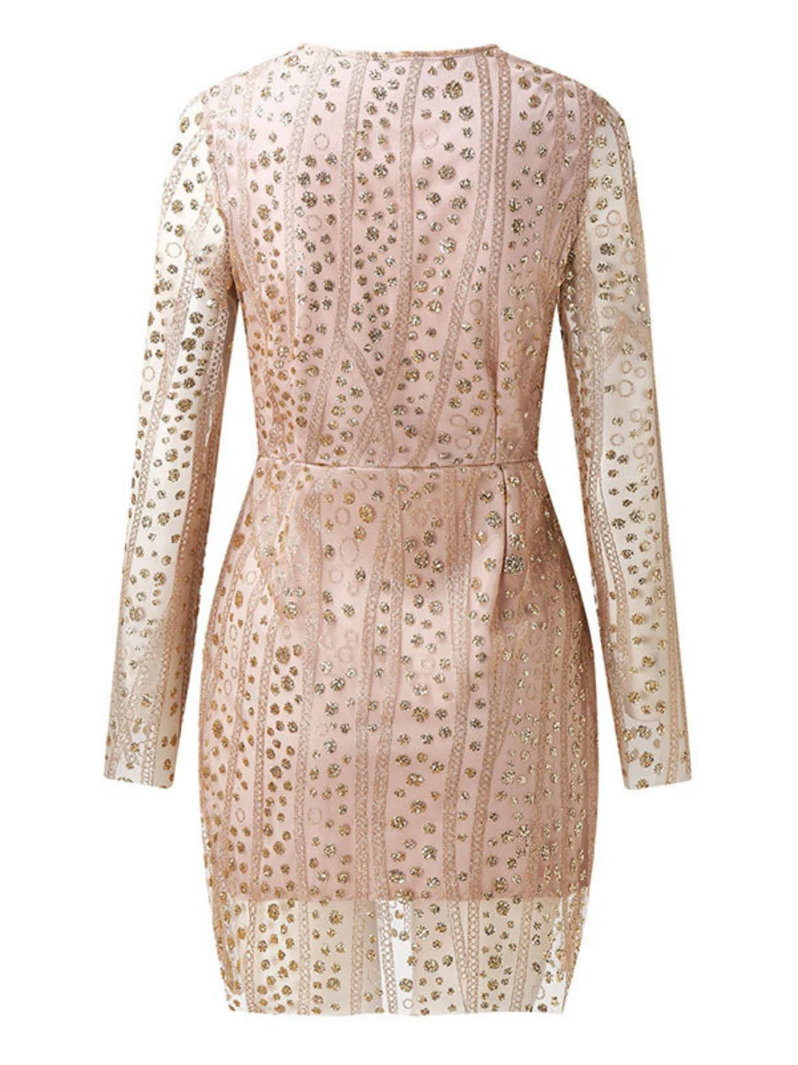 Deep V Long Sleeve Polka Dot Sequins Mini&Short Dresses - Image 5