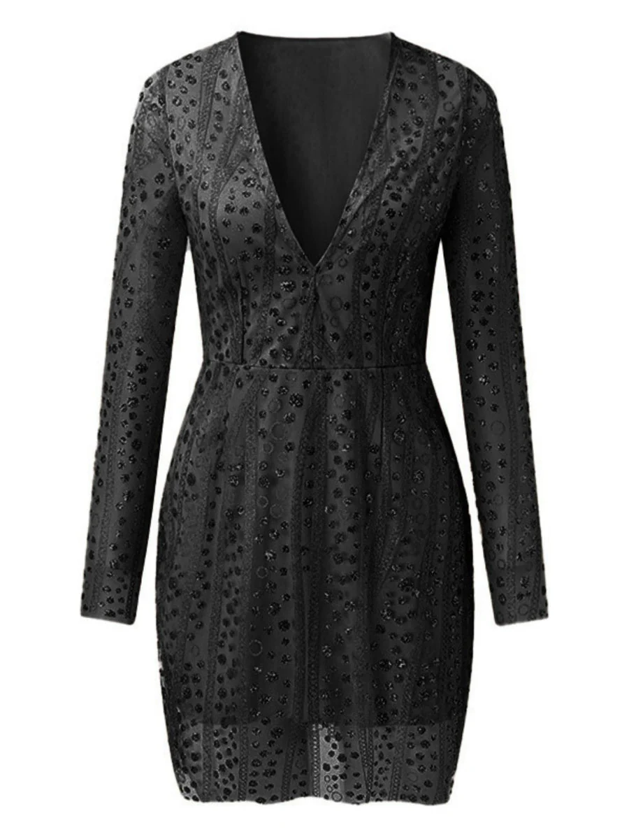 Deep V Long Sleeve Polka Dot Sequins Mini&Short Dresses - Image 8