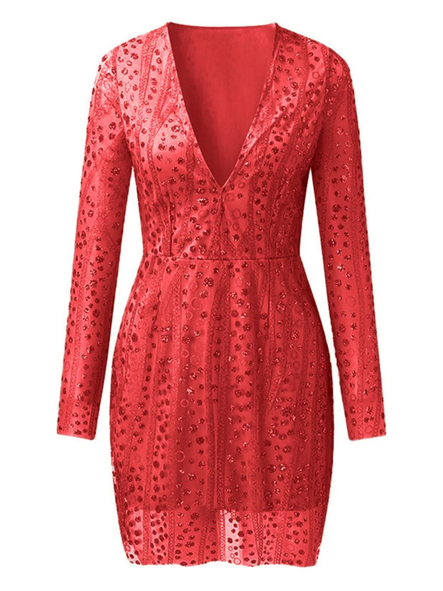 Deep V Long Sleeve Polka Dot Sequins Mini&Short Dresses - Image 9