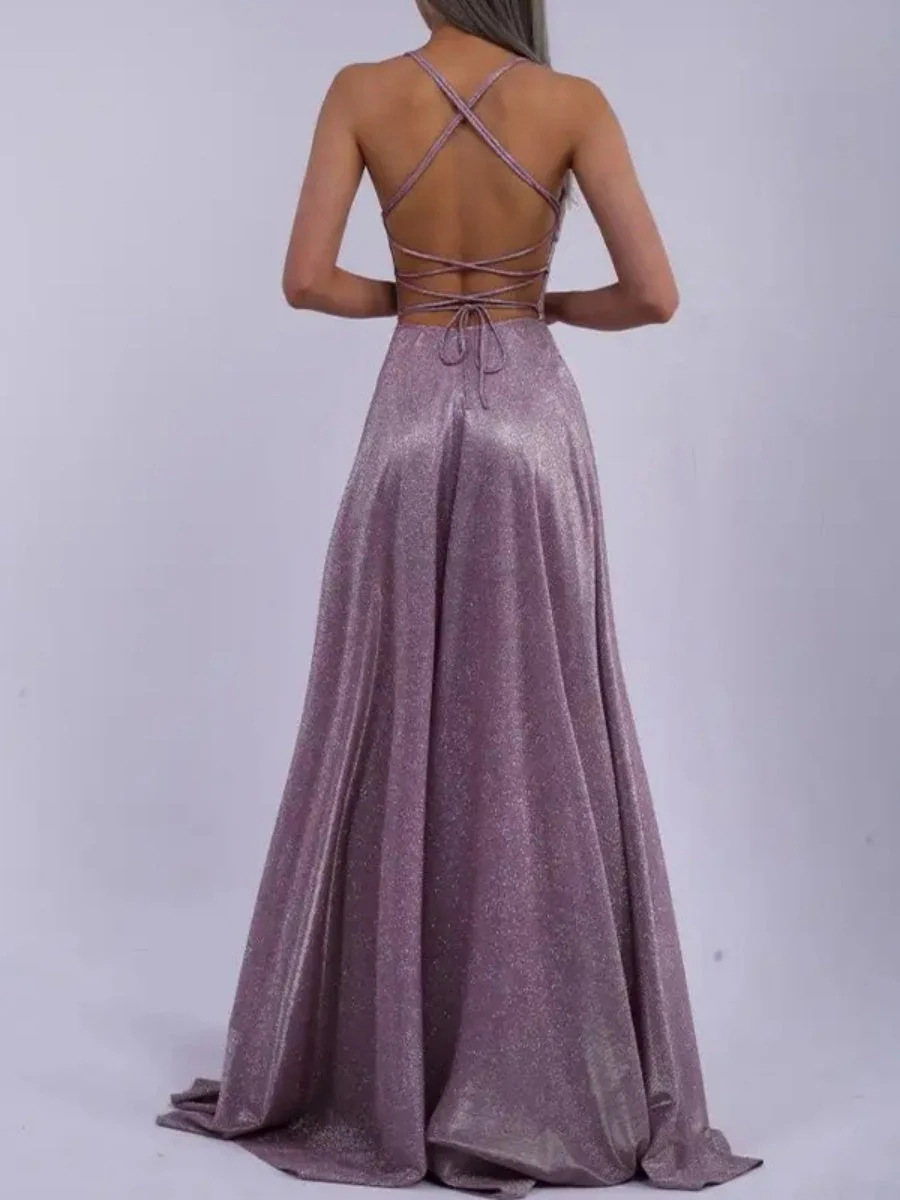 Sexy Backless Design With Slit And Flashing Light Lace Up Maxi Dresses - Image 4