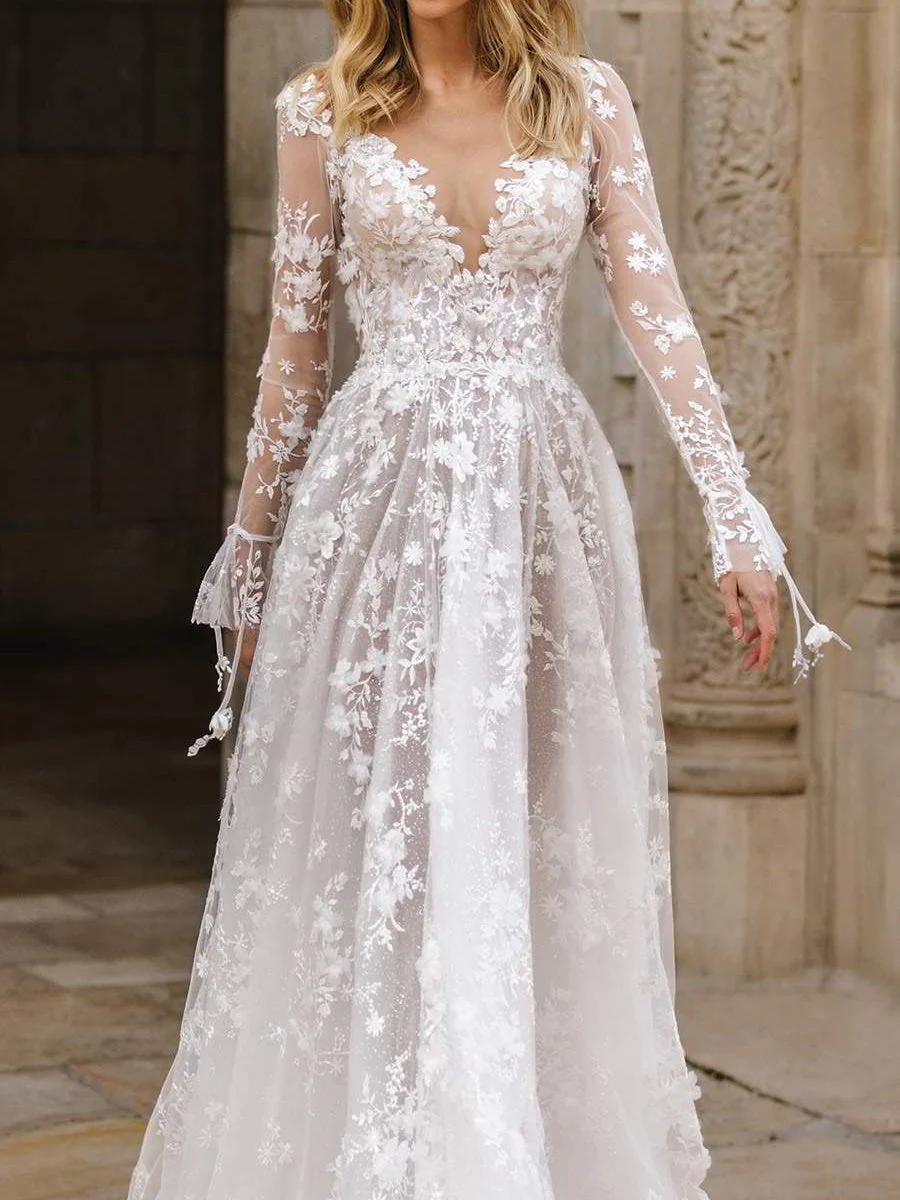 Sexy Long Sleeve V-neck Thin Bridal Wedding Maxi Dresses - Image 3