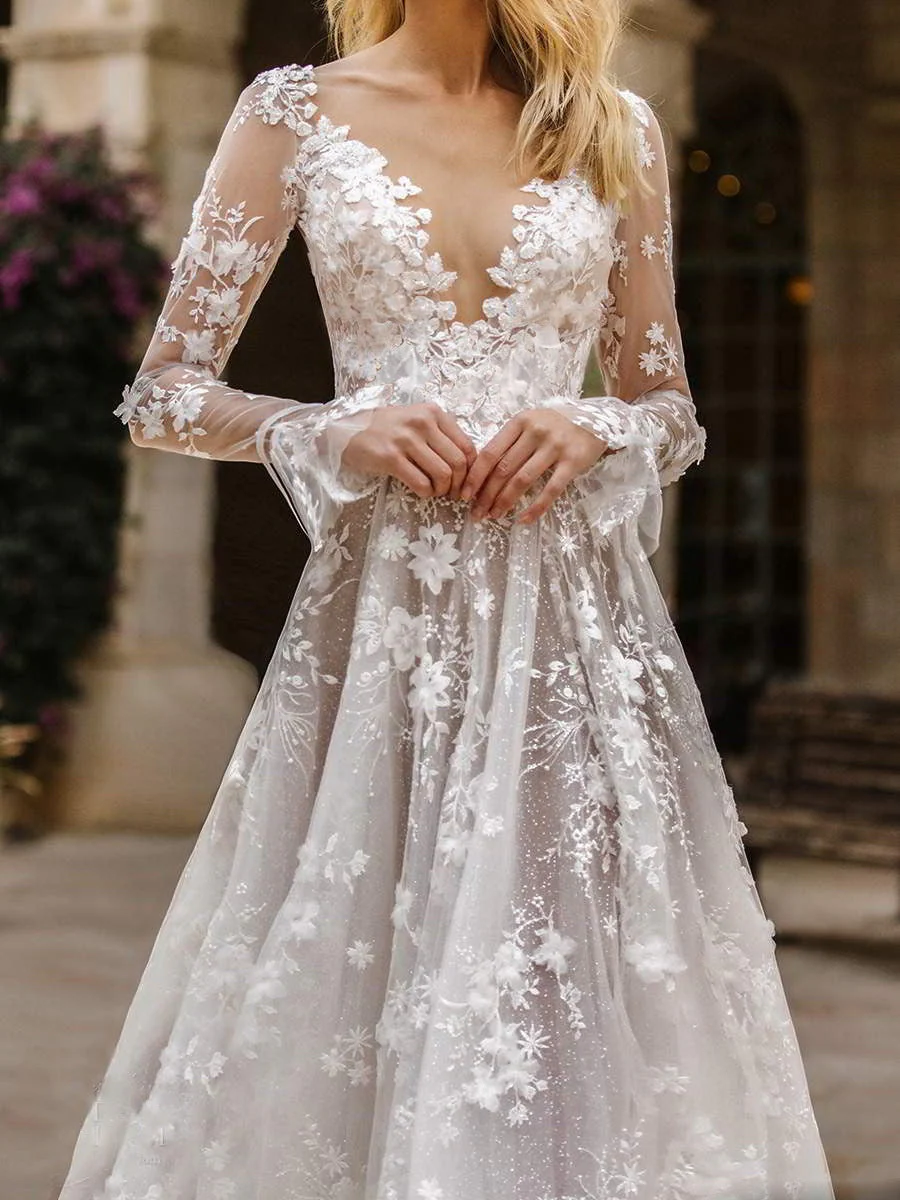 Sexy Long Sleeve V-neck Thin Bridal Wedding Maxi Dresses - Image 4