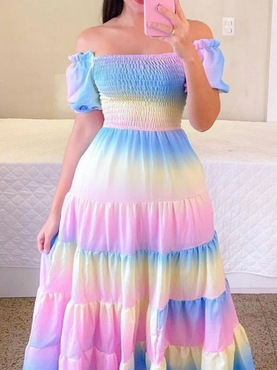 Gradient Print Bust-high Panel Off-the-shoulder Long Dress - Image 2