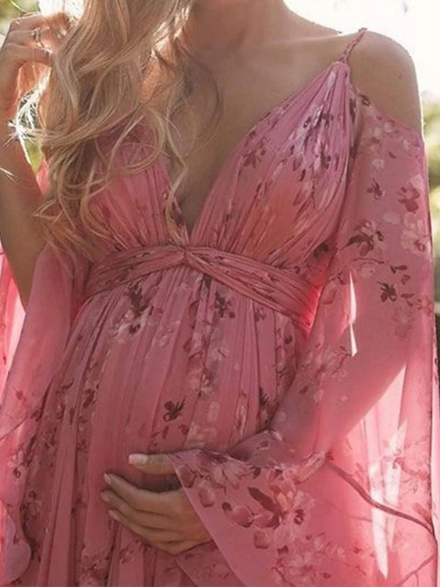 V-neck Long Sleeve Floral Maxi Dresses - Image 2