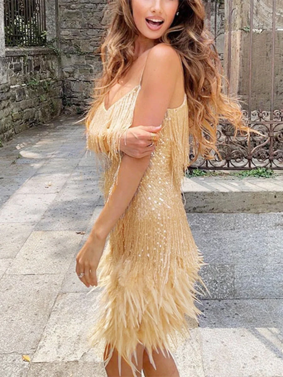 Tassel Sequins Feather Splicing Mini&Short Dresses - Image 7