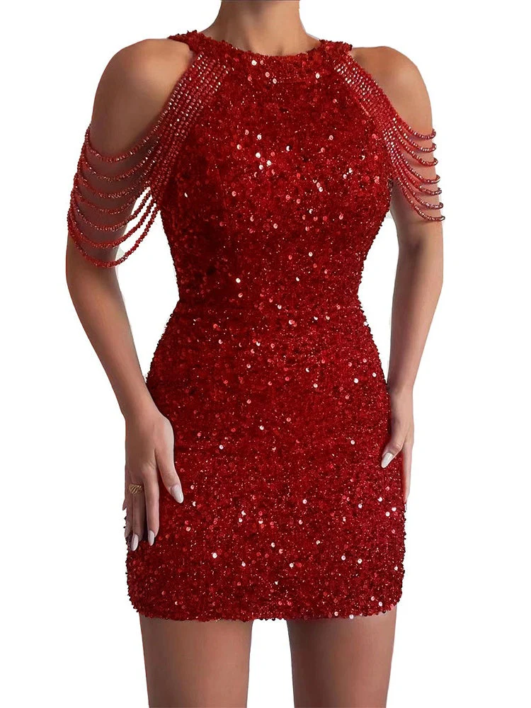 Halter Neck, Off-shoulder, Tassel, Bodycon, Crystal-trimmed Sequined Short Dress - Image 13