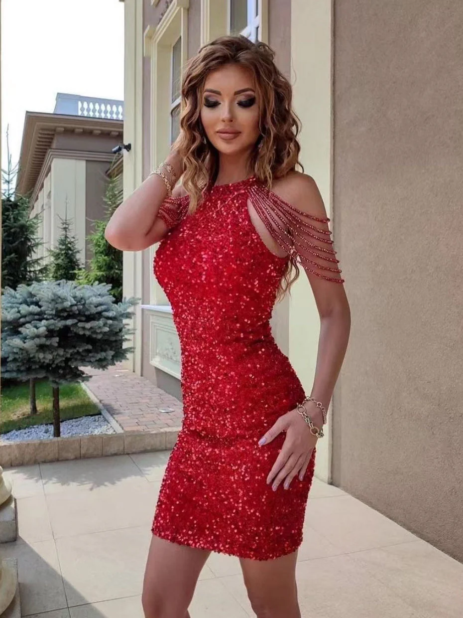 Halter Neck, Off-shoulder, Tassel, Bodycon, Crystal-trimmed Sequined Short Dress - Image 14