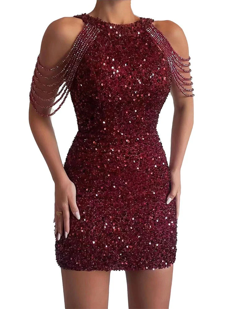 Halter Neck, Off-shoulder, Tassel, Bodycon, Crystal-trimmed Sequined Short Dress - Image 4