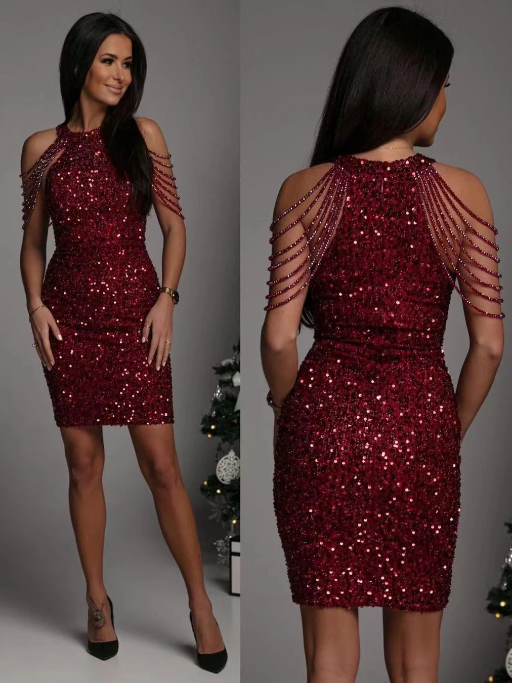 Halter Neck, Off-shoulder, Tassel, Bodycon, Crystal-trimmed Sequined Short Dress - Image 6
