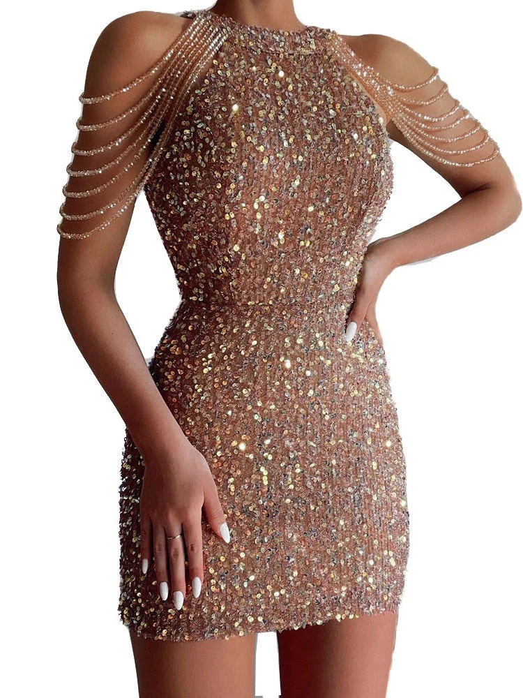 Halter Neck, Off-shoulder, Tassel, Bodycon, Crystal-trimmed Sequined Short Dress - Image 7