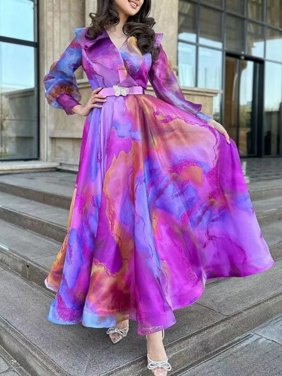 Gradient Print Mesh Long Dress - Image 5