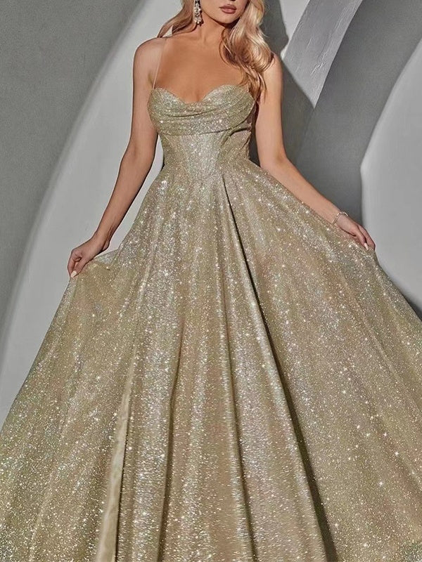 Sprinkled Gold Sleeveless Tube Top Large Skirt Maxi Dresses - Image 2