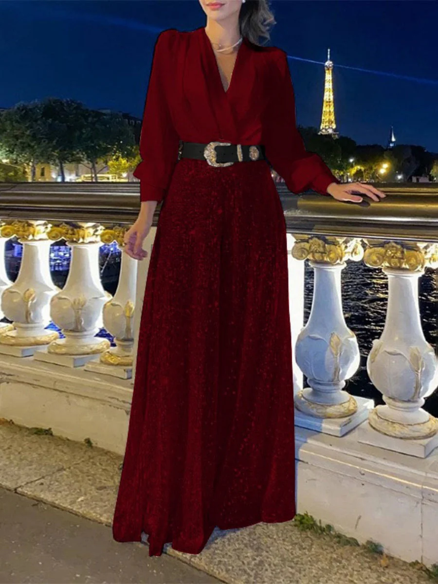 V-neck Long Sleeve Grace Waist Slimming Sequins With Belt Bodysuit - Image 4
