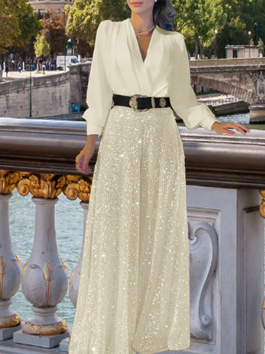 V-neck Long Sleeve Grace Waist Slimming Sequins With Belt Bodysuit - Image 7
