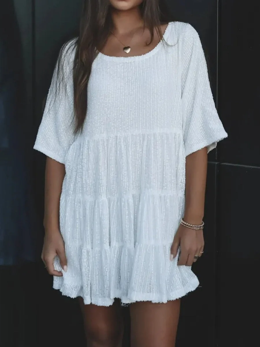 Sequins Crew Neck Loose Waist Short Sleeve Dress - Image 17