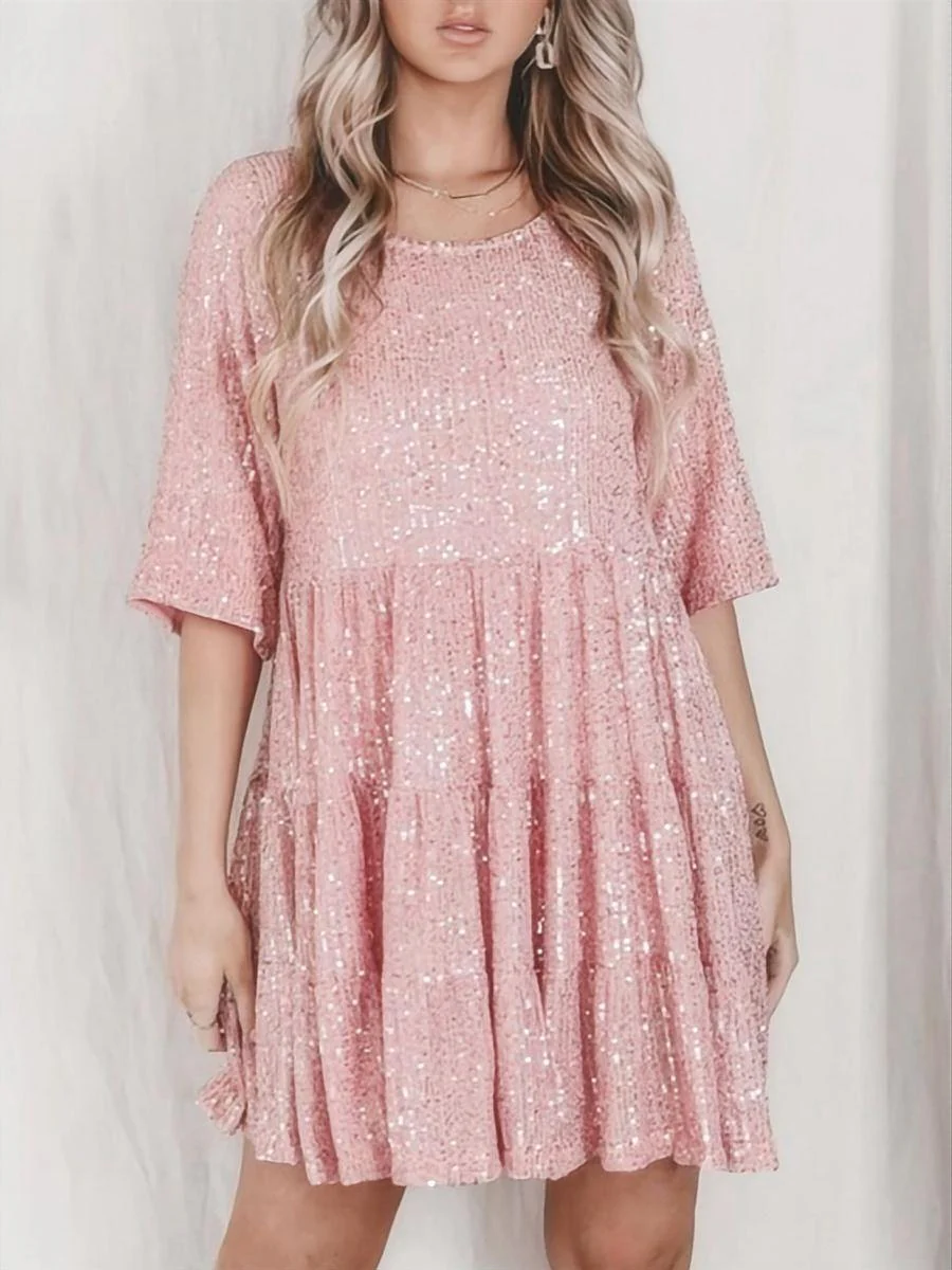 Sequins Crew Neck Loose Waist Short Sleeve Dress - Image 9
