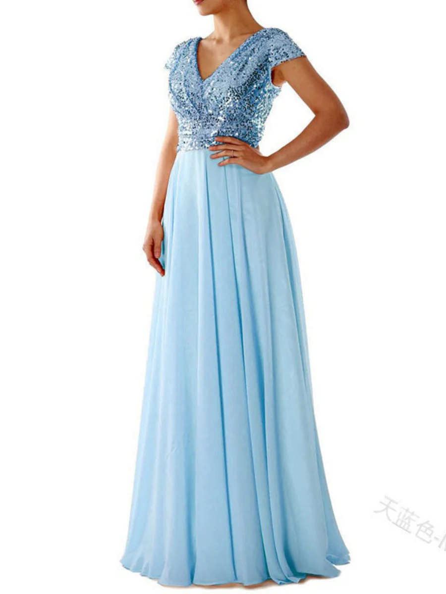 V-neck Sequins Chiffon Splicing Evening Gown Maxi Dresses - Image 10