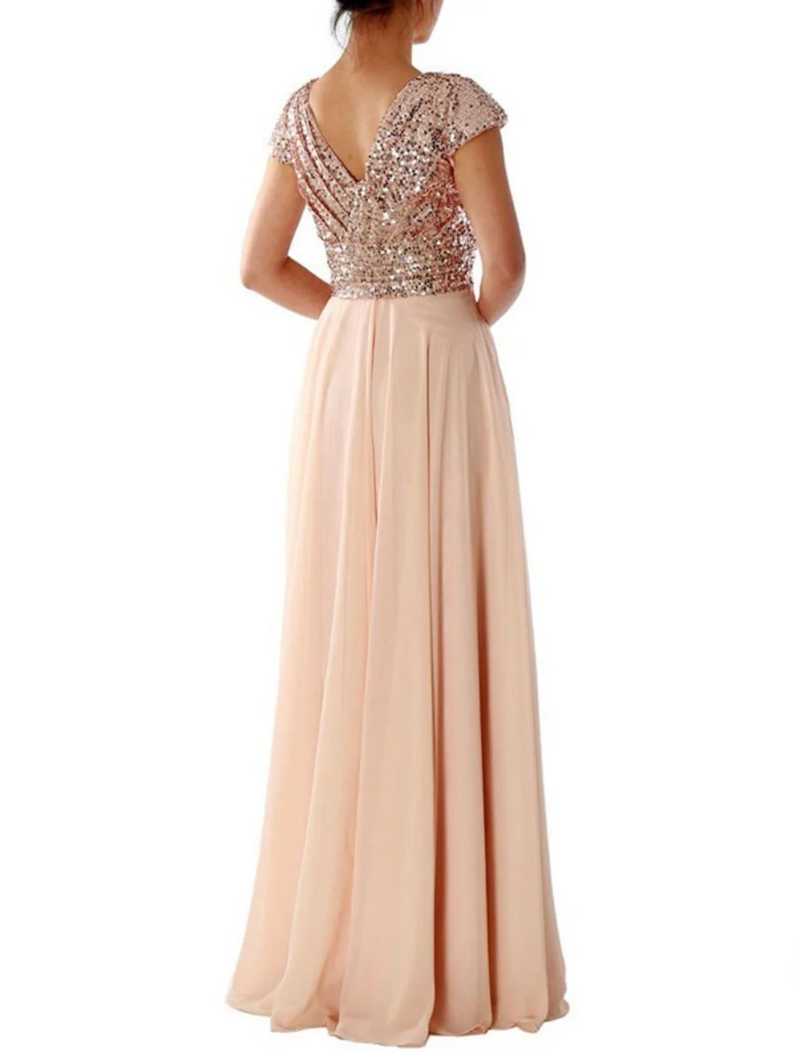V-neck Sequins Chiffon Splicing Evening Gown Maxi Dresses - Image 2