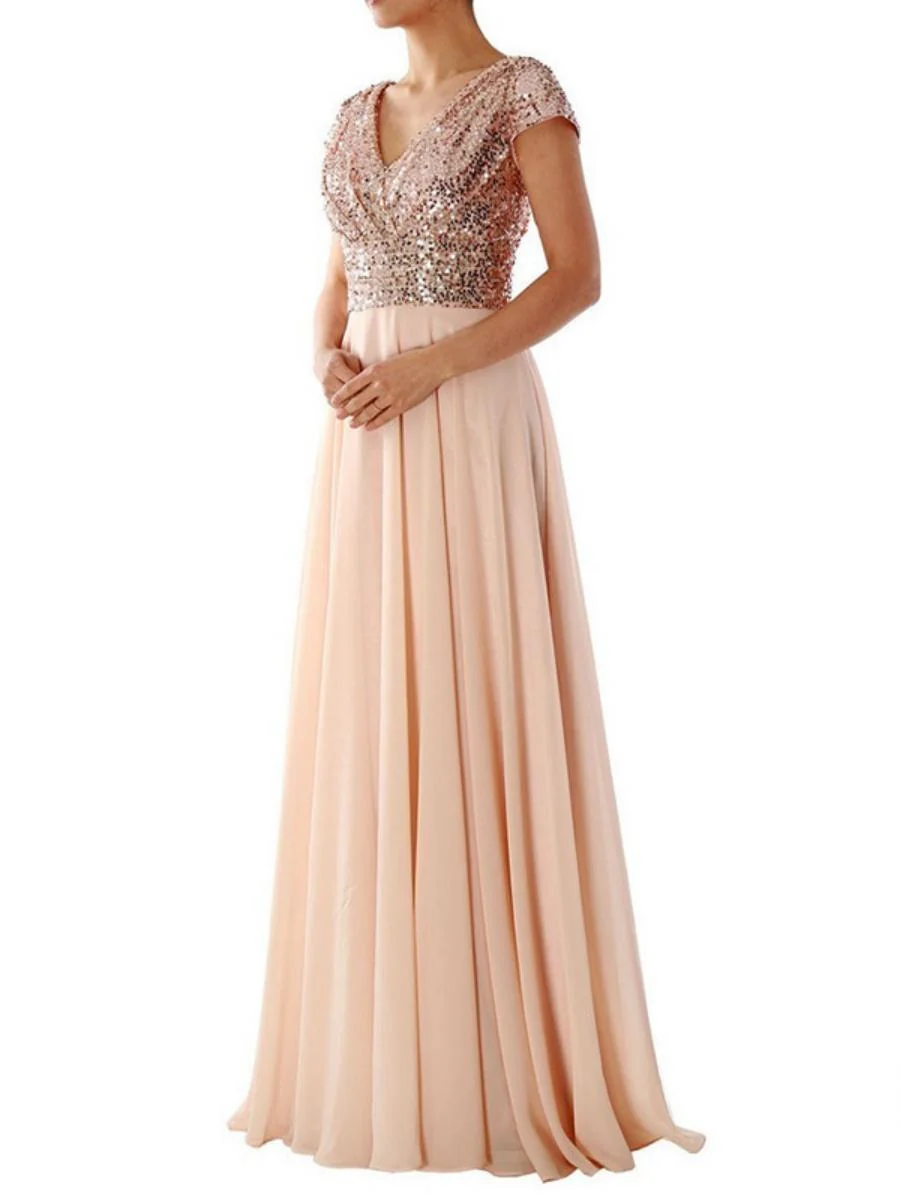 V-neck Sequins Chiffon Splicing Evening Gown Maxi Dresses - Image 3
