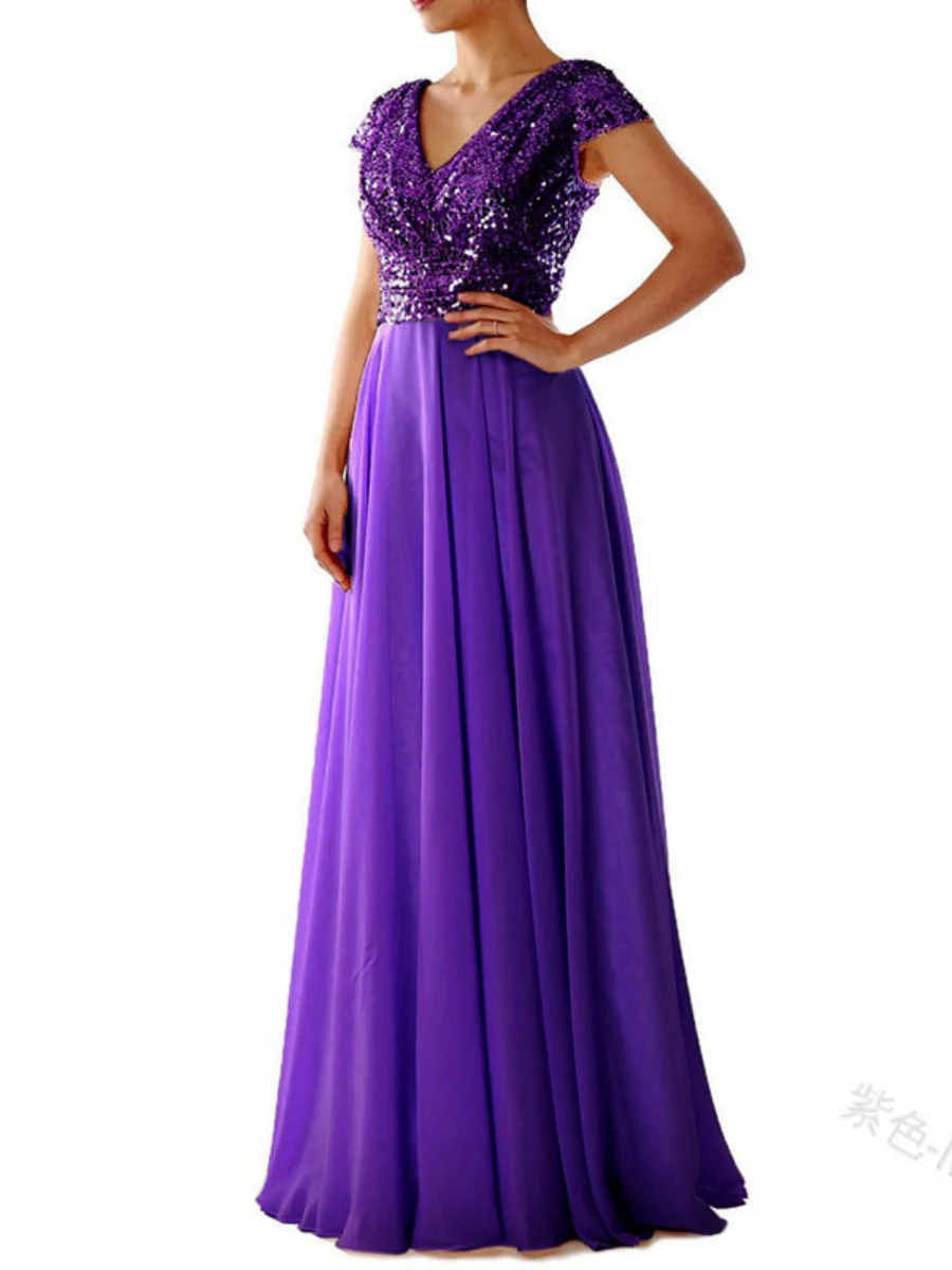 V-neck Sequins Chiffon Splicing Evening Gown Maxi Dresses - Image 5