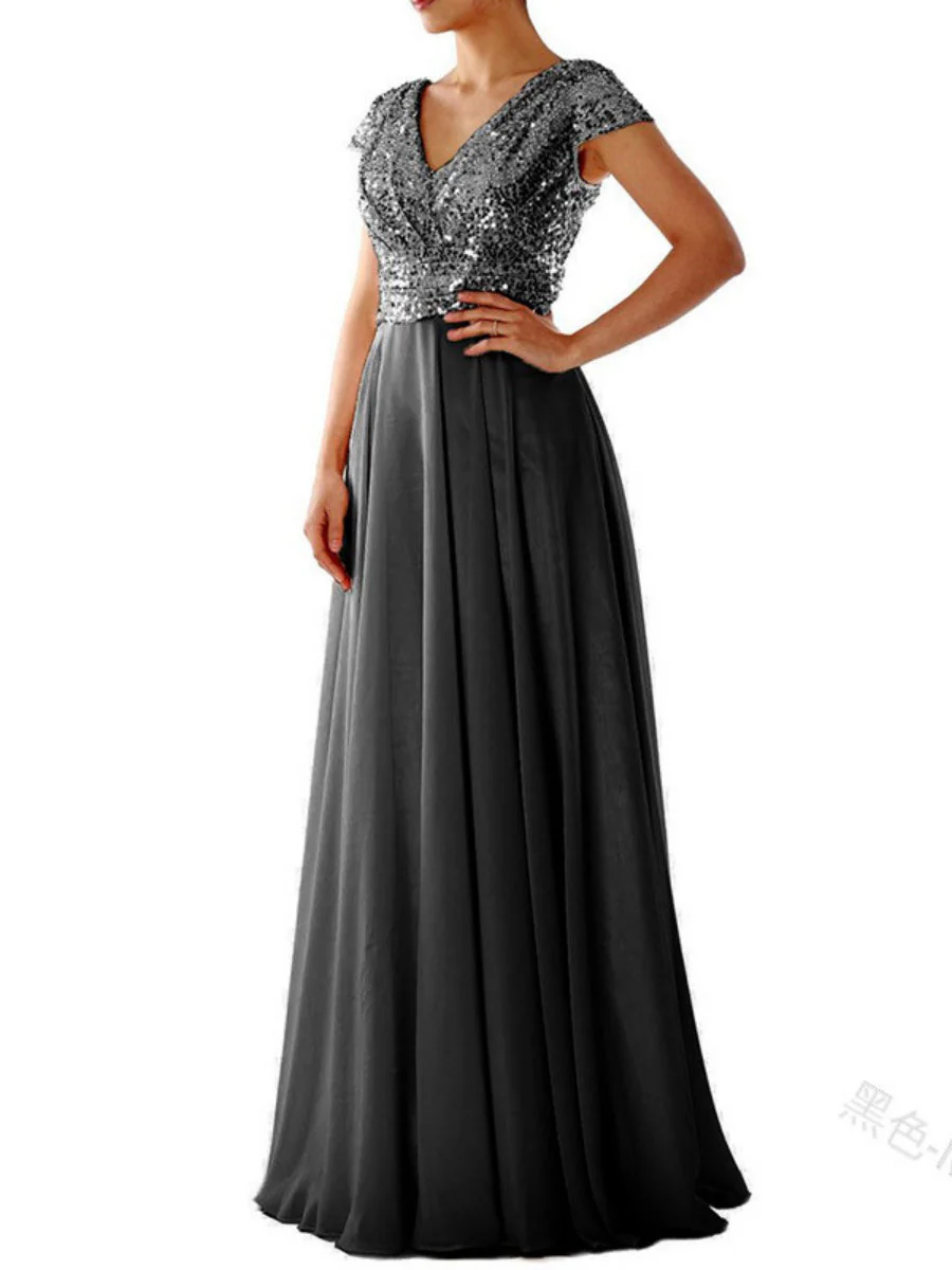 V-neck Sequins Chiffon Splicing Evening Gown Maxi Dresses - Image 7