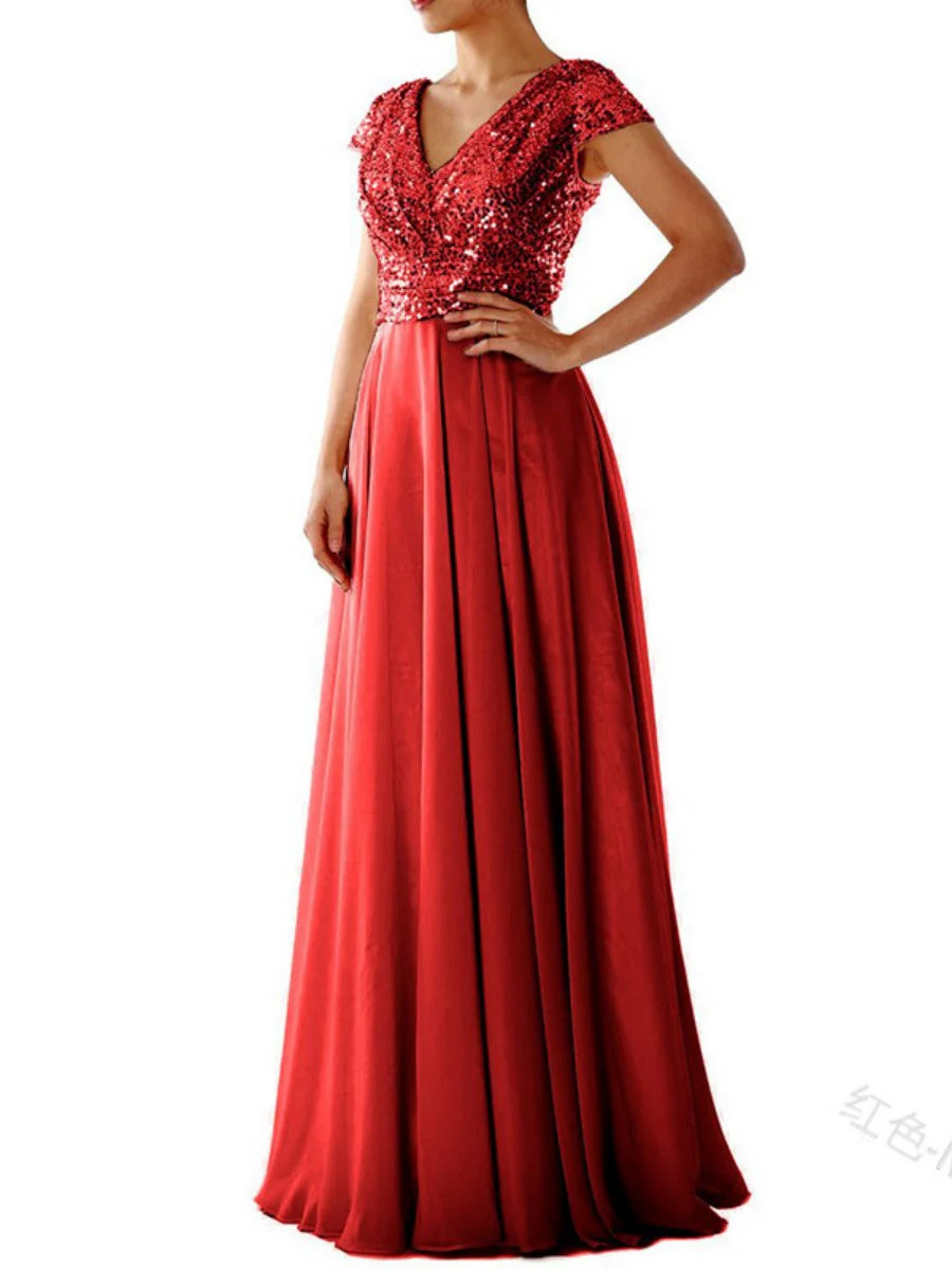 V-neck Sequins Chiffon Splicing Evening Gown Maxi Dresses - Image 8