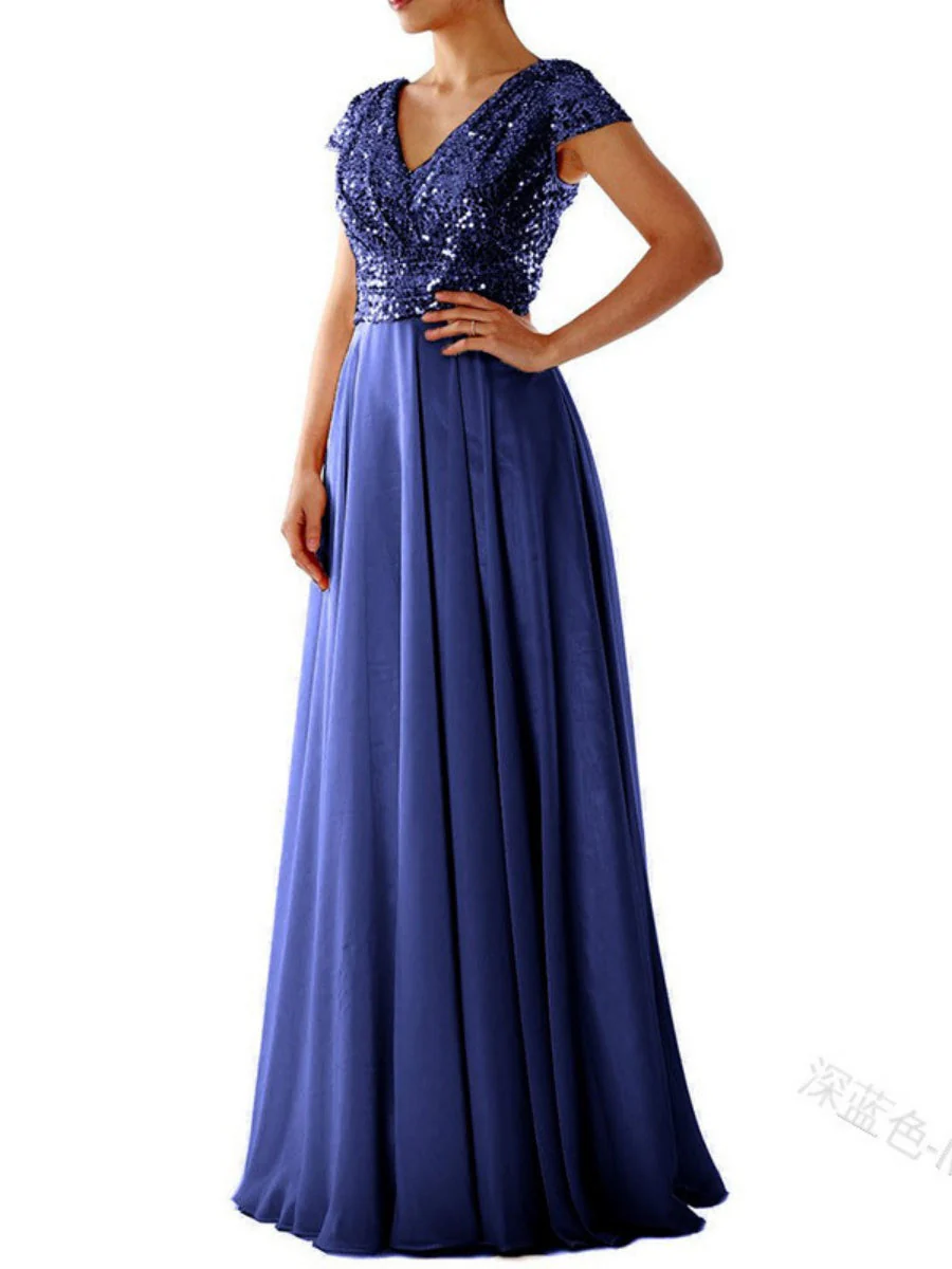V-neck Sequins Chiffon Splicing Evening Gown Maxi Dresses - Image 9