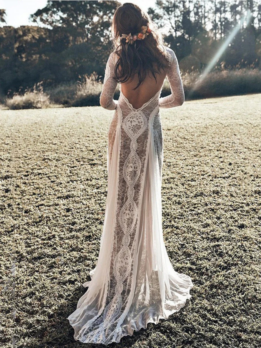Hollow Printed Long Sleeve Bridal Wedding Dress Maxi Dresses - Image 3