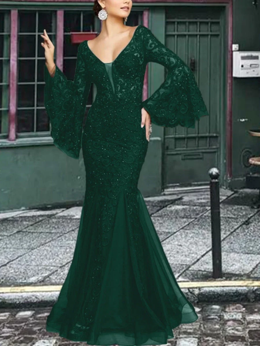 Lace Solid Color Fishtail Long Sleeve Maxi Dresses - Image 2
