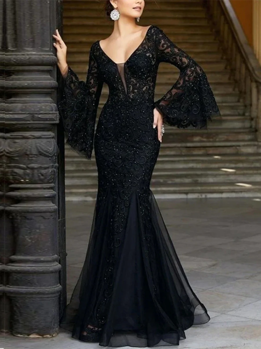 Lace Solid Color Fishtail Long Sleeve Maxi Dresses - Image 3